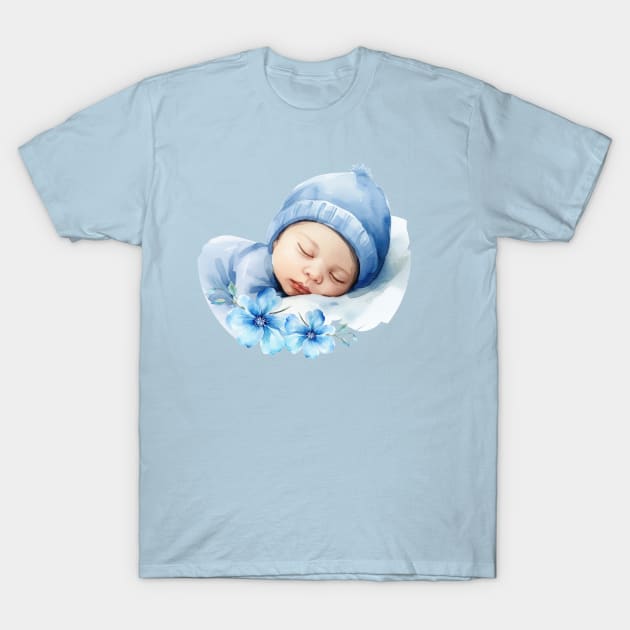 Newborn Baby Boy With  Flowers. T-Shirt by Alienated